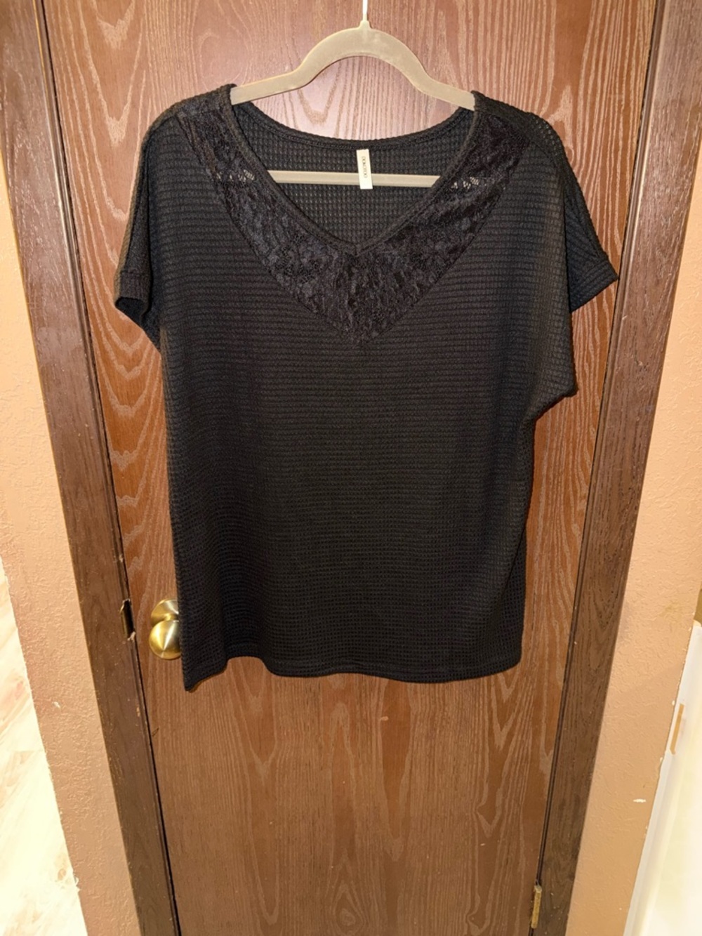 Black V-Neck Lace Trim Short Sleeve Women's Top